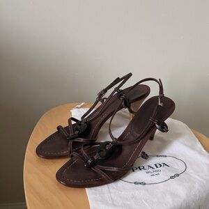 Prada Brown Ibiza Bead Vintage Leather Sandals Heels